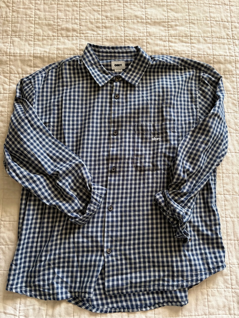Obey Men's Navy and White Plaid Button-Down Shirt